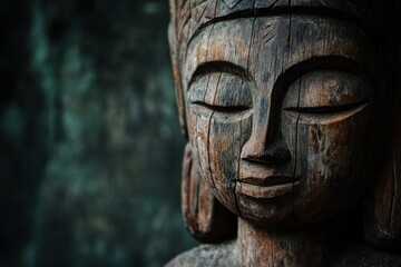 Close-up of a serene, aged wooden Buddha statue face, eyes closed, dark background.