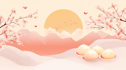 Dongzhi festival, celebration, copy space background text , winter solstice festival in china, traditional chinese. shiruko tangyuan rice dumplings,. Solstice. Illustration