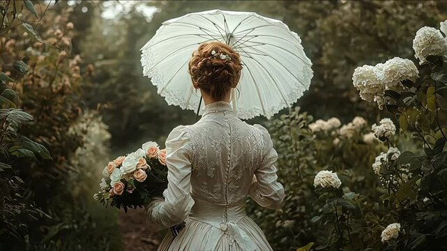 A woman, exemplifying timeless elegance in a sumptuous Victorian gown, delicately holds a vintage parasol while strolling through an enchanting, lush garden, with sunlight