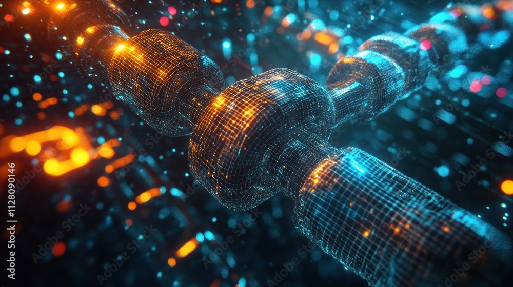 Poster a blockchain ecosystem, featuring a dynamic arrangement of interconnected blocks floating in space, 