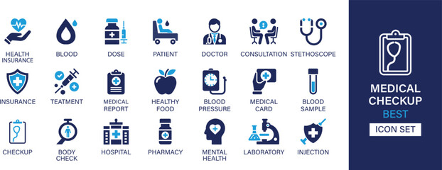 Medical checkup best solid icon set collection. Health insurance, dose, patient, doctor, consultation, stethoscope, treatment, medical report and solid icon set collection.