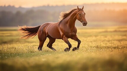 Fototapeta premium A horse galloping gracefully across a golden field during sunset, showcasing the beauty of nature and freedom.