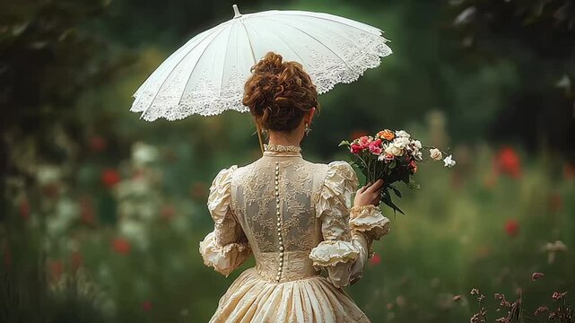 A woman, exemplifying timeless elegance in a sumptuous Victorian gown, delicately holds a vintage parasol while strolling through an enchanting, lush garden, with sunlight