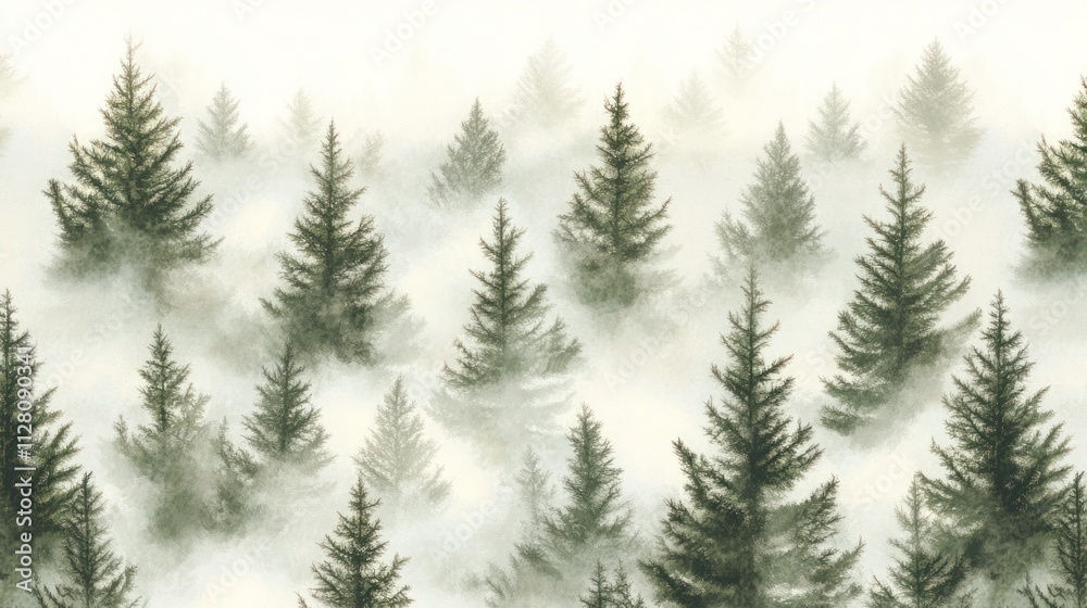 Fototapete a beautifully designed seamless pattern featuring a foggy spruce forest, with fir trees scattered th