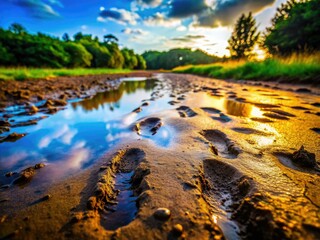 Obraz premium High-depth-of-field photography captures the intricate detail of human tracks in wet, textured soil.