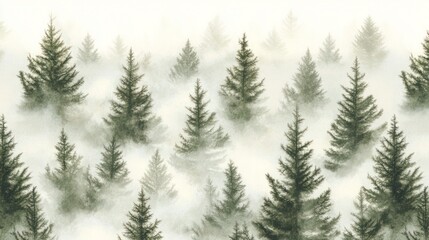 Obraz premium A beautifully designed seamless pattern featuring a foggy spruce forest, with fir trees scattered throughout the image