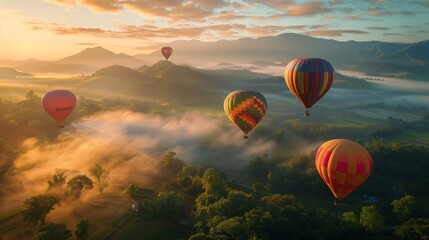 Obraz premium Floating above the world, a symphony of colors against a sunrise canvas. Serene and inspiring. ai genreted