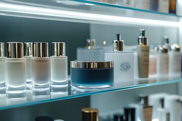 Front view of beauty products on shelf with copy space,