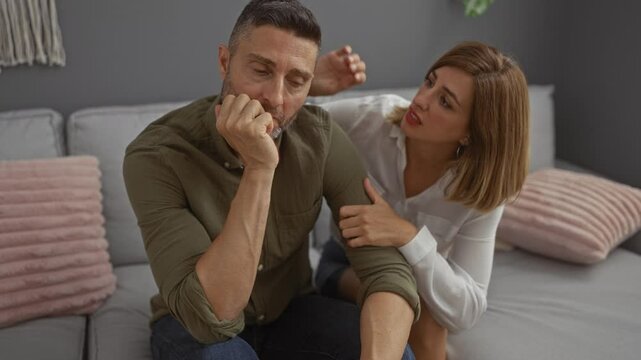 Woman comforting sad man on a sofa in a modern living room highlighting their relationship challenges and emotional support within a home setting