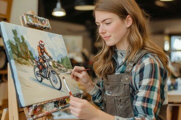 Fototapeta premium Young Artist Painting Motorcycle on Canvas