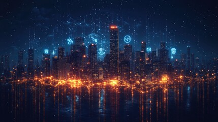 Fototapeta premium Futuristic cityscape at night with digital icons and connections.