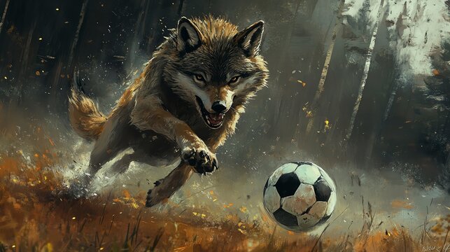 A fierce wolf chases a soccer ball through a vibrant forest, showcasing the energy and spirit of nature playfully.