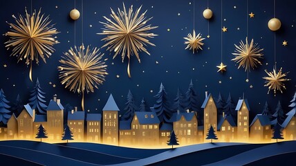 Obraz premium A modern paper cut style city night in winter with fire work, ai generative, postcard, christmas background