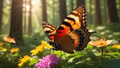 Obraz premium Green Forest Sun Sky Pine Bamboo Trees Jungle Canopy Background Summer Spring Autmn Camping Travel