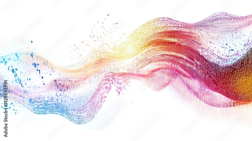 Poster binary stream, displaying a cascade of colorful binary numbers flowing seamlessly across a white bac