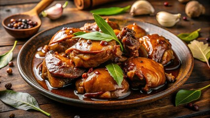 Fototapeta premium Home-style Filipino Chicken Adobo: Savory soy sauce, vinegar, and garlic create a delicious, authentic braised chicken dish.