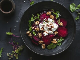 A vibrant salad featuring beets, walnuts, and greens, ideal for healthy eating.