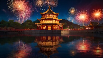 Fototapeta premium Beautiful fireworks show in city over traditional building to celebrate Chinese lunar new year. ai generative