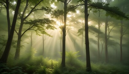 Fototapeta premium Green Forest Sun Sky Pine Bamboo Trees Jungle Canopy Background Summer Spring Autmn Camping Travel