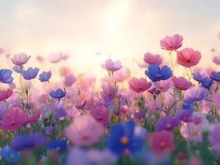 Obraz premium Pastel Cosmos Flowers Bloom Sunset Field