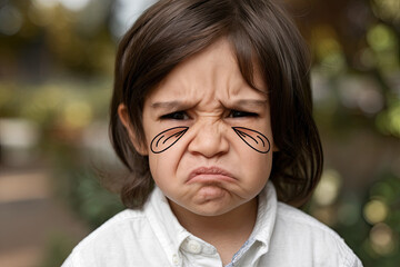 Close-up of a boy making a funny frown with exaggerated sad puppy eyes