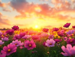 Vibrant Cosmos Flowers at Sunset Golden Hour