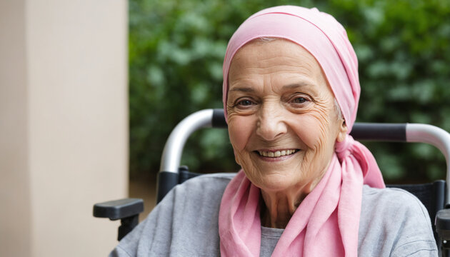 Portrait of an old woman with cancer is sitting in a wheelchair, smiling, Ai generated images - Powered by Adobe