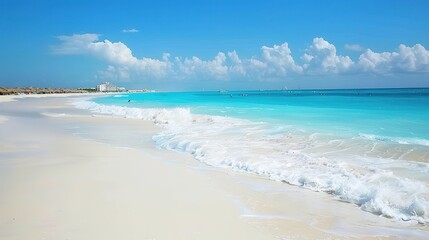 Fototapeta premium Beautiful Sandy Beach with Soft Blue Ocean Wave, Golden Sand, Gentle Ripple, Ideal Place for Relaxation and Enjoying the Seaside Scenery.