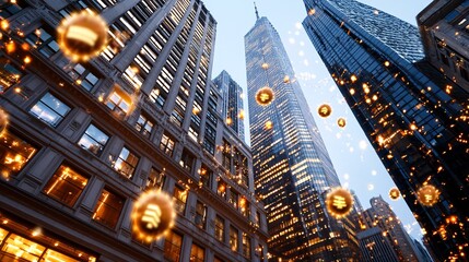 Fototapeta premium Business stock market futuristic concept. Urban skyline with sparkling lights illuminating towering skyscrapers at dusk.