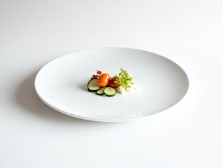 A minimalist presentation of fresh vegetables on a white plate.