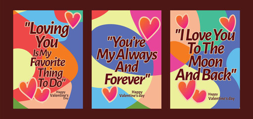 Set of 3 Minimalist Valentine Templates with Abstract Patterns. A set of Valentine’s Day greeting card with sample text, red hearts and abstract backgrounds templates vector illustration. 
