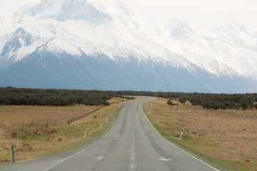 State Highway 80 in Front of Mount Cook,  Winter Day Scenic View