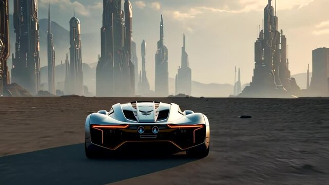 A futuristic car hurtling across a barren alien planet under surreal skies and towering rock formations.