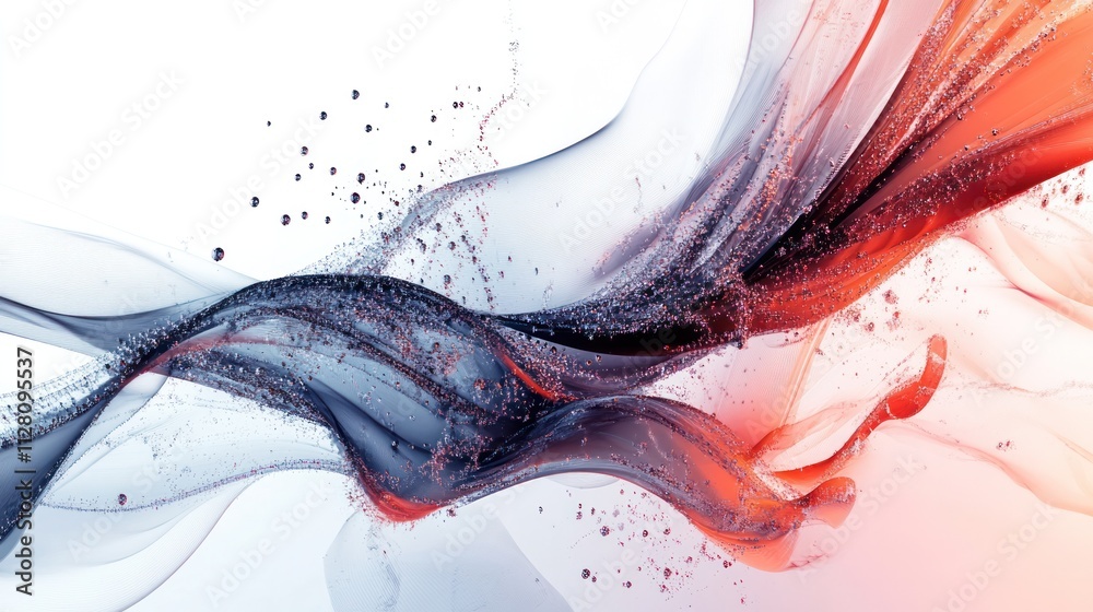 Poster concepts, with intricate waveforms and particle-like structures interwoven against a bright white ba