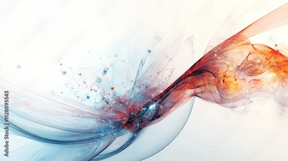 Poster concepts, with intricate waveforms and particle-like structures interwoven against a bright white ba