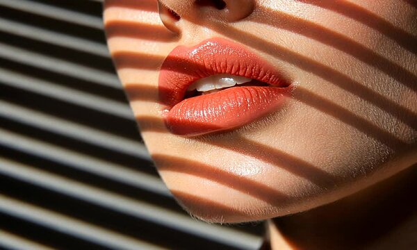 Close-up of lips with shadows from blinds creating a striking effect.