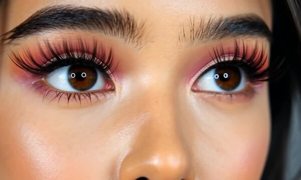 Close-up of vibrant pink eye makeup with dramatic lashes.