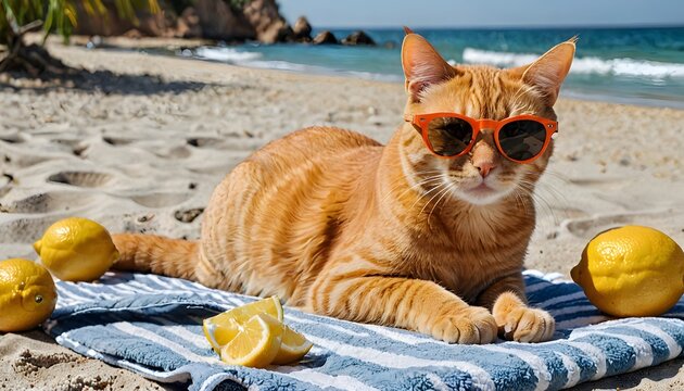 Cool Cat on Beach Vacation: Orange Tabby Relaxing on Sandy Shore with Lemons and Sunglasses
