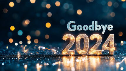 Goodbye 2024" inscription adorned with glittering lights on a dark background, perfect for stock images capturing New Year's Eve celebrations, farewell to the year, and holiday festivities.