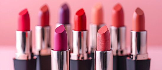 Obraz premium A stylish display of matte lipsticks in raspberry, coral, and blush colors against a light pink background. The focus is on the vibrant, decorative cosmetics