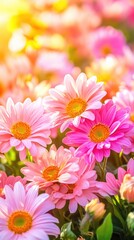 Obraz premium Vibrant pink and yellow daisies in sunlit garden