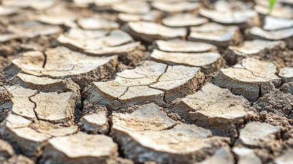 Fototapeta premium Close-up view of cracked earth surface symbolizing drought climate change and environmental challenges blurred background adds depth and conveys resilience fragility and the impact of human activities
