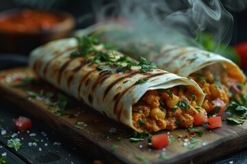 Delicious Grilled Chickpea Wraps with Fresh Herbs and Vegetables on Rustic Wooden Board with Steam on Dark BackgroundChickpea wrap