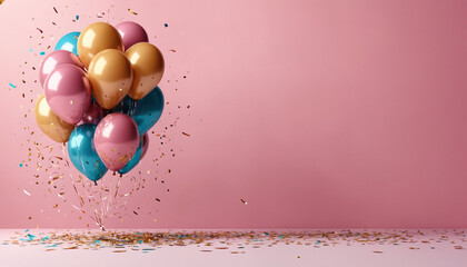 Balloons on the wall with festive confetti isolated on pink background, Copy space for text, Ai generated images