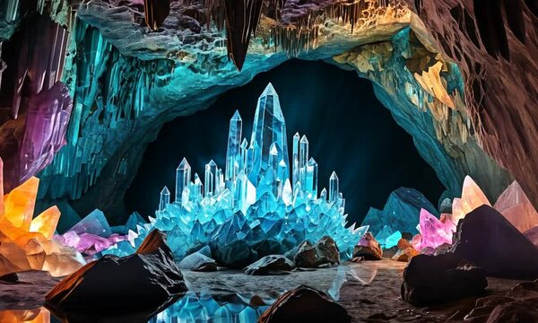 A cave with a blue crystal structure in the middle