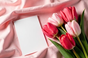 A romantic bouquet of tulips placed next to a blank Valentine's Day card on creased crinkled wrinkled fabric background, with warm, diffused lighting. Perfect for birthday, valentine's day