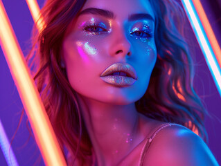 Obraz premium Brunette woman with metallic silver lips and glowing makeup, posing in a neon-lit studio. The colorful lights create a trendy, modern look