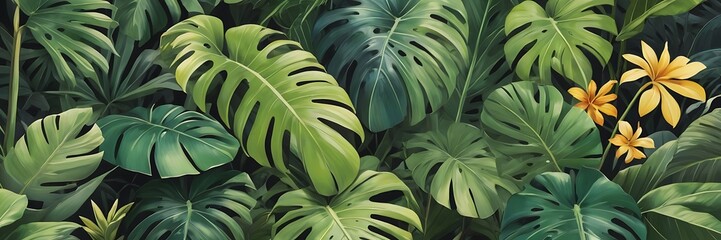Seamless Tropical Jungle Pattern with Lush Overlapping Monstera Leaves in Vibrant Shades of Green