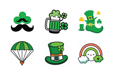 ST Patricks day set vector art. ST Patrick day vector item green hat, beer, leprechaun, rainbow.