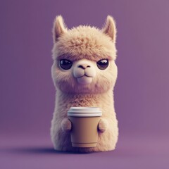 Cute alpaca holding coffee cup cozy studio digital art playful environment close-up view whimsical concept for fun engagement